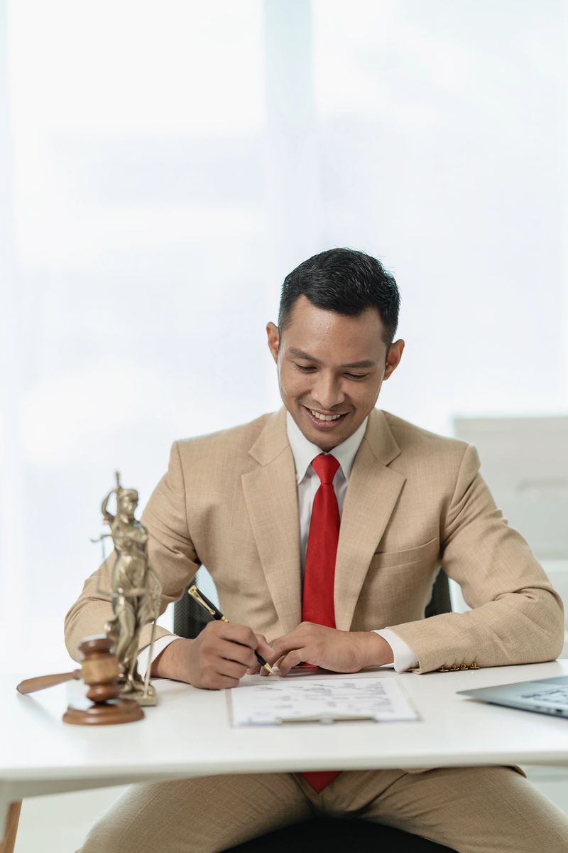 Male lawyer working in the office with contracts and legal documents when sitting at the advice table. Justice and Real Estate Man or judge discusses team meeting with clients online