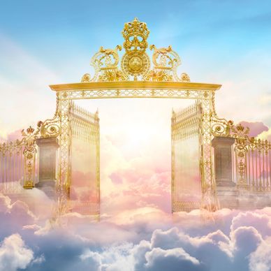 Golden gates open amidst soft, colorful clouds under a bright blue sky.