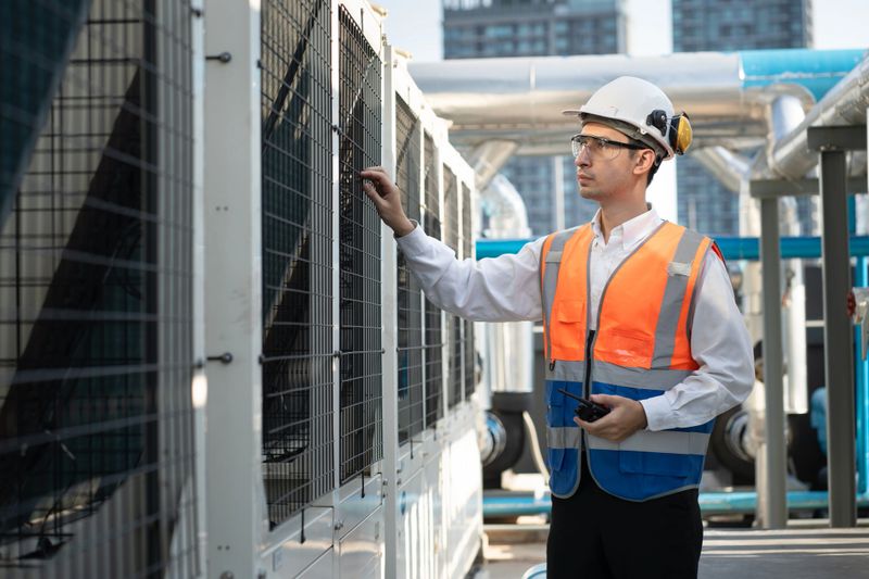 Asia Man engineer using notebook computer working at rooftop building construction or working checking HVAC and installing large air conditioning system