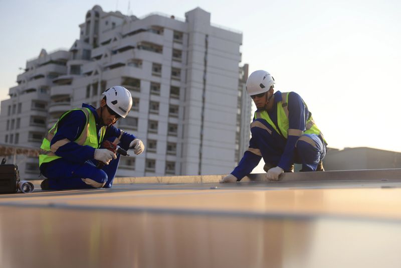 Aerial view of two solar engineers working on the roof of a building in a large city