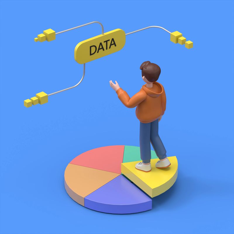 3D illustration of male guy Qadir stands on a slice of chart pie and big yellow button that says data, data analysis.3D rendering on blue background.