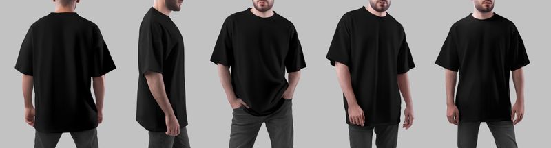 Oversized black t-shirt template on brutal man in jeans, front, side, back view, shirt isolated on background. Set. Male mockup of stylish streetwear, clothing for design, print, branding, advertising