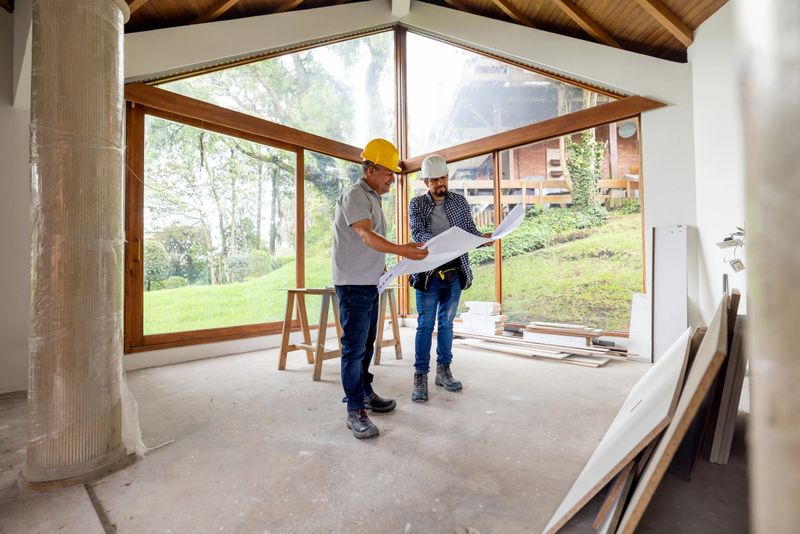 Latin American architect and construction worker looking at a blueprint while renovating a house