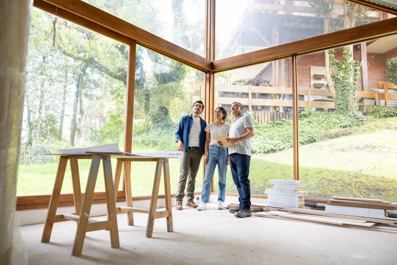 Happy Latin American couple remodeling their house and discussing ideas with the architect - construction concepts