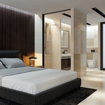 Modern bedroom with an open bathroom featuring neutral tones.