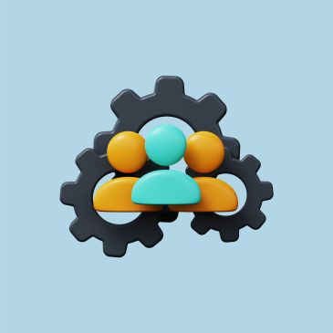 Icon showing teamwork and collaboration with gears and people.