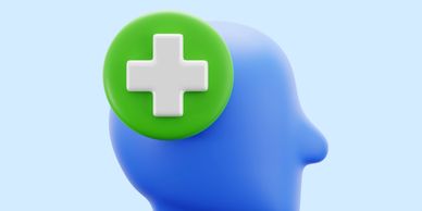 3D blue human head with a green plus sign symbolizing positive mental health.