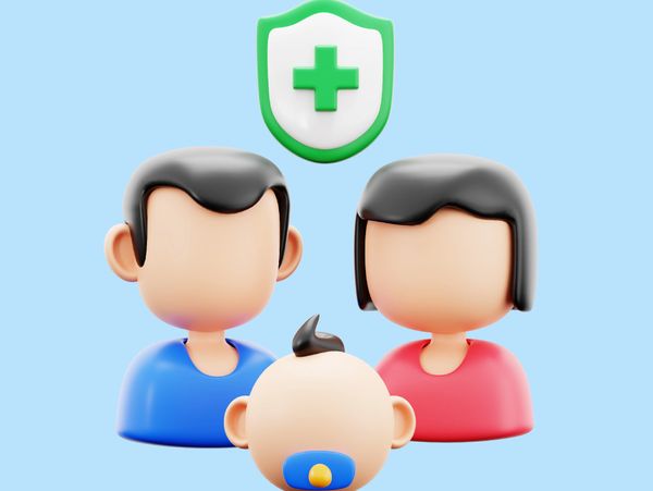 3D illustration of a family with a health protection shield above them.