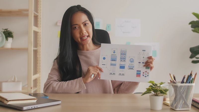 A confident Asian entrepreneur showcases a mobile app design, explaining the user interface elements and functionality in her well-organized home office.