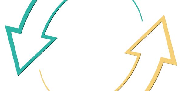 Two curved arrows forming a circular motion, one teal and one yellow.