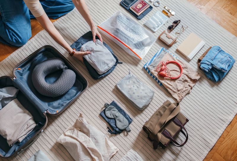 From above photo of an anonymous woman kneeling on the floor and packing a cosmetics bag, clothes and accessories in her luggage.