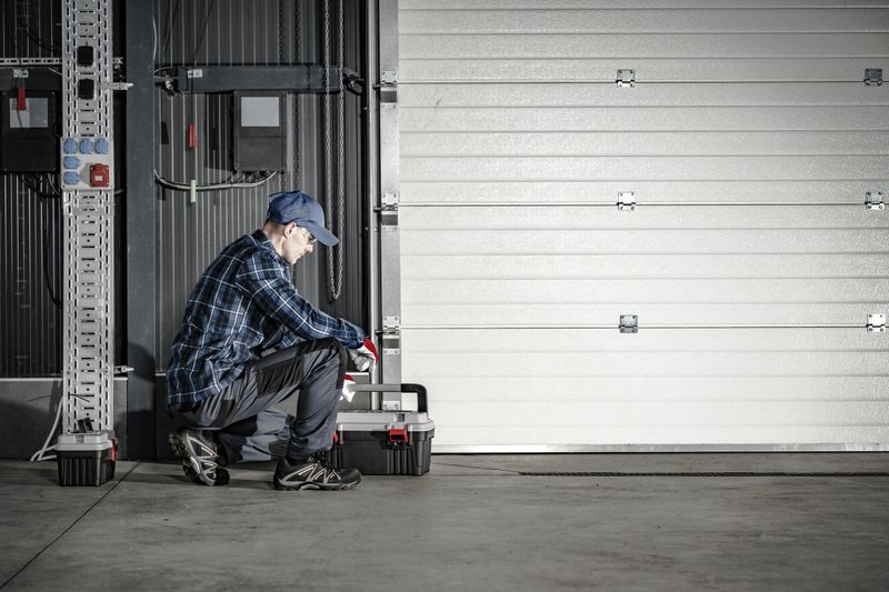 Caucasian Technician in His 40s Servicing Commercial Dock Garage Gate. Industrial Theme.