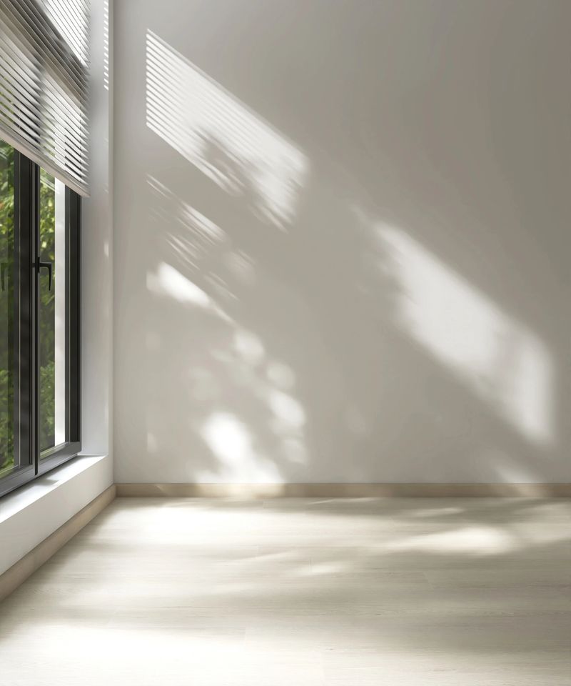Empty room with white wall in sunlight from black frame window blind, tree shadow on wood laminated floor for luxury, minimal interior design decoration, architecture, product background 3D