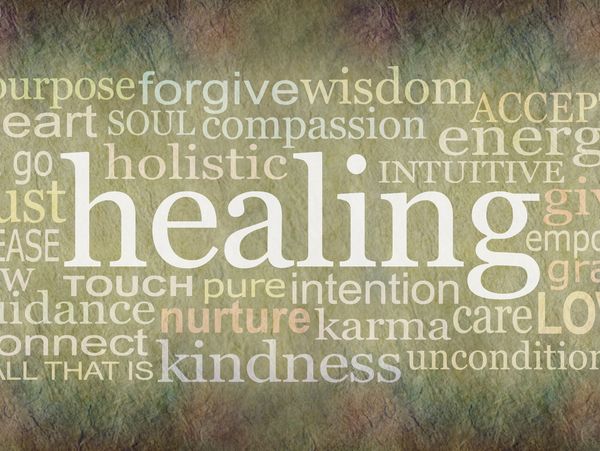 Word cloud centered on healing with related positive words.