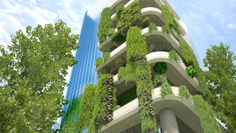 The facade of a modern building incorporates lush greenery, blending urban construction with nature. Balconies with plants wind up the structure, which reflects the sky in its glass surfaces under the bright sunlight of a clear day.