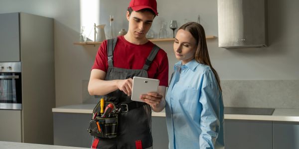 A technician shows a woman information on a tablet.