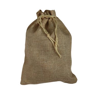 Brown burlap sack with drawstring closure.