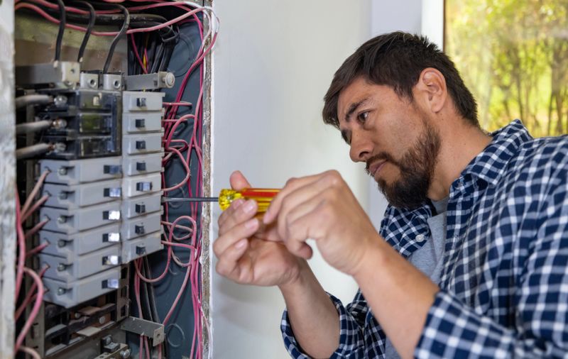 Latin American electrician fixing a fuse box at a house and using a screwdriver