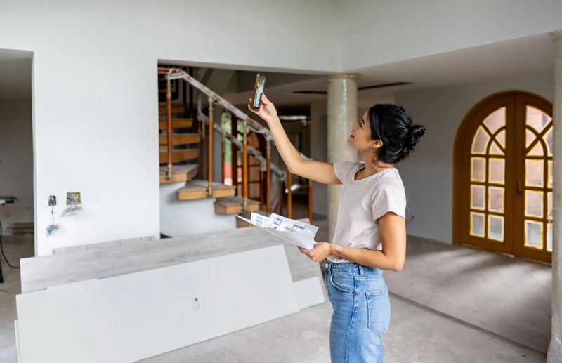 Architect remodeling a house and taking pictures with her cell phone while holding sketches
