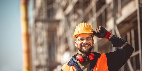 Contruction worker in hard hat. Make America safe. National security. 