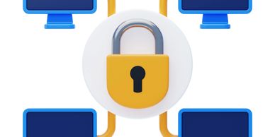 Central padlock securing four connected computer monitors.