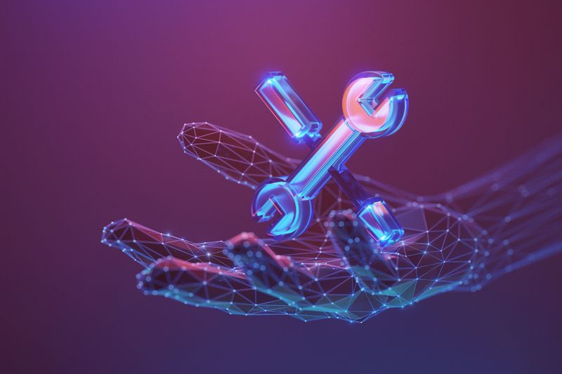 Renovation Repair concept. Tools 3d icon on the abstract human hand made with atom array and plexus effect. Neon lighting, selective focus