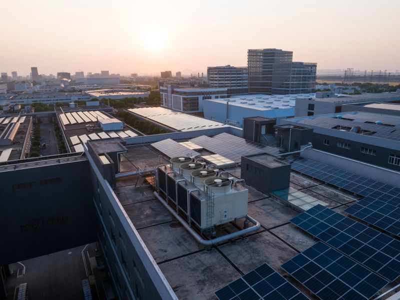 Solar panels installed on a rooftop, harnessing sunlight for green energy.
