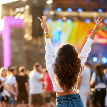Woman enjoying music festival with hands up.