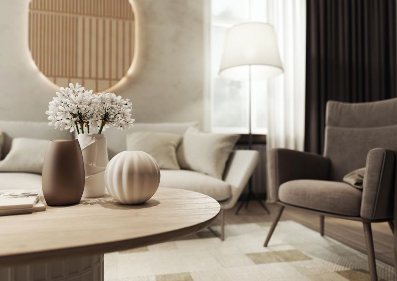 The interior of the living room is designed in subdued warm shades. Beige, grey, white and brown combine harmoniously with natural materials such as wood or stone. Japandi style. 3D illustration