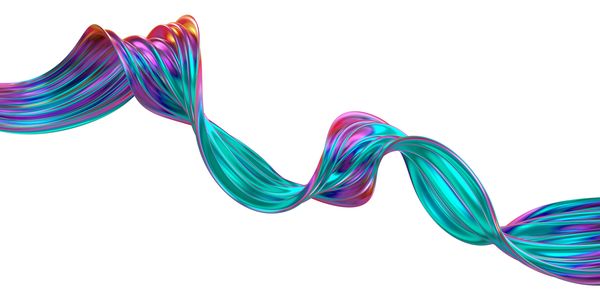 An abstract flowing ribbon of blue, pinks and greens
