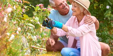 Elderly couple gardening together with smiles and care.