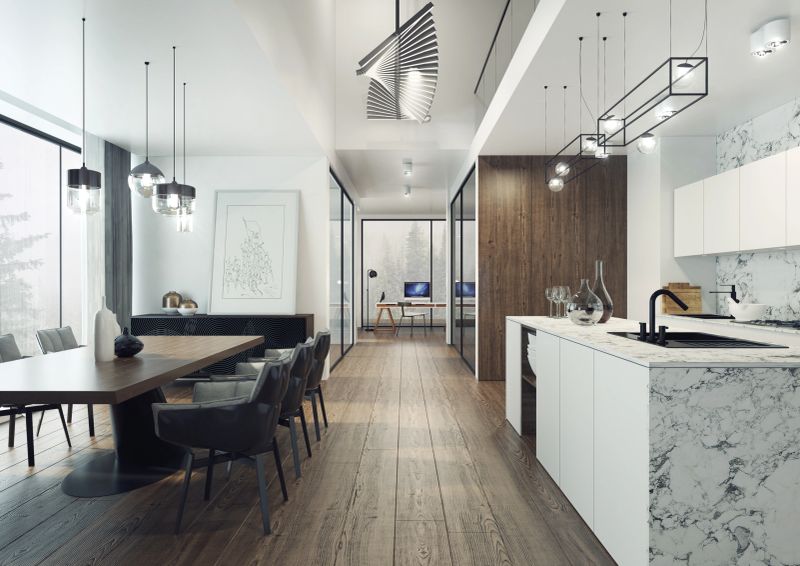 The interior of a spacious apartment combining modernity, simplicity and elegance. The design composition is a combination of walnut wood with white marble and black elements.