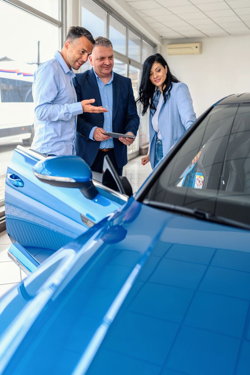 Salesman helping the couple customer to choose a new car