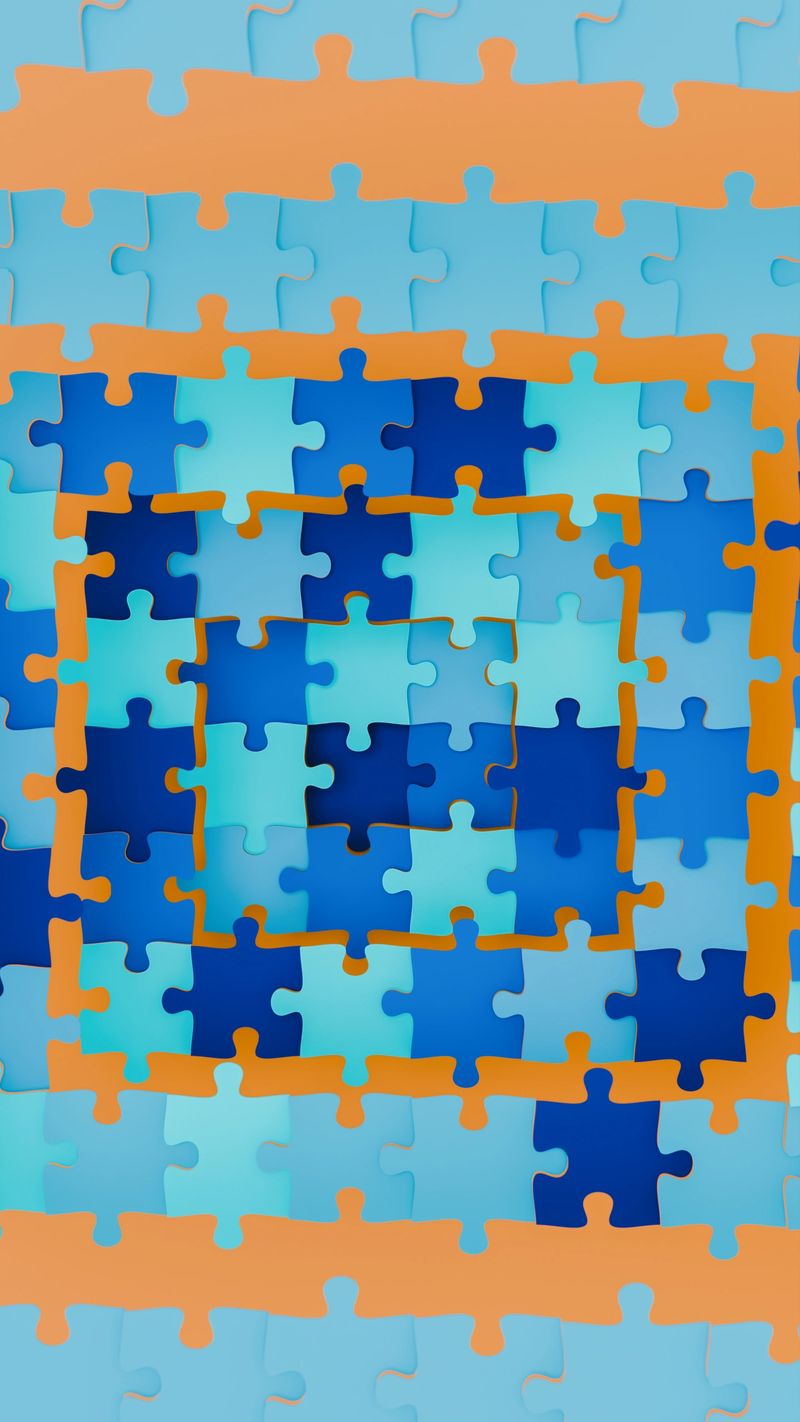 Many blue puzzle pieces are coming together on orange surface, society and community theme, 3d illustration, vertical image