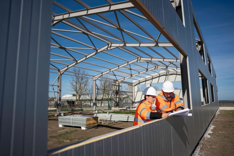 Civil engineer and Architect inspecting metal building framing.