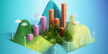 3D chart with colorful bars, wind turbines, and trees on a terrain grid.
