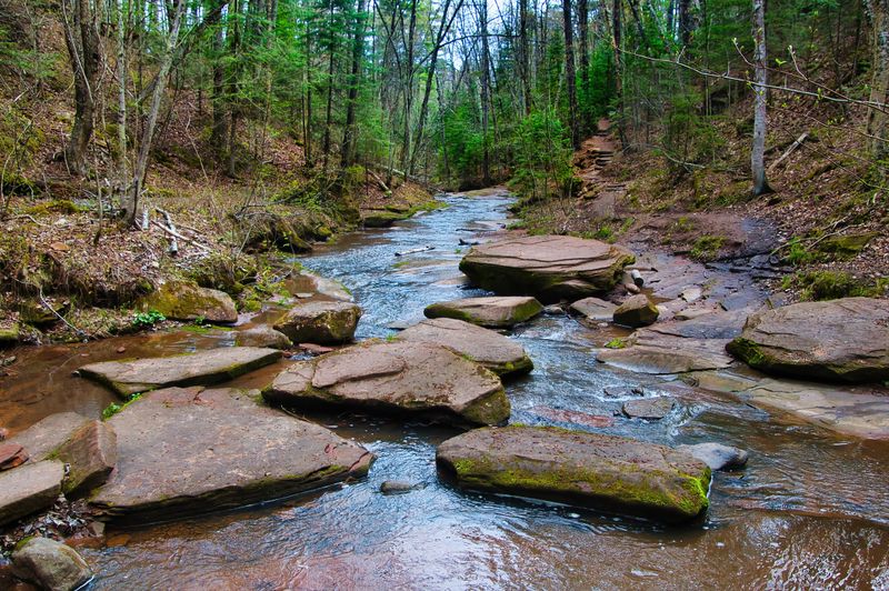 Landscape of Lost Creek flowing by large rocks in a peaceful forest on an early Spring day near Cornucopia, Wisconsin.