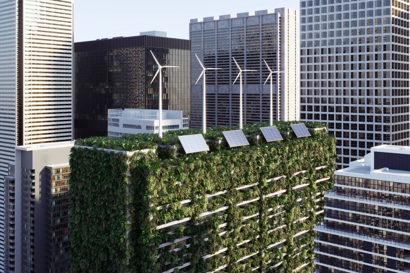 Cityscape includes sustainable buildingwith solar panels, wind turbines and green roof. (3d render)