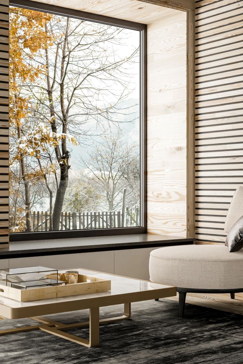 Modern living room with natural wooden wall planks. Winter scene background. 3d rendering.