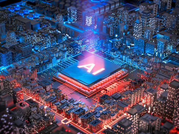 AI chip glowing in a digital cityscape circuit.