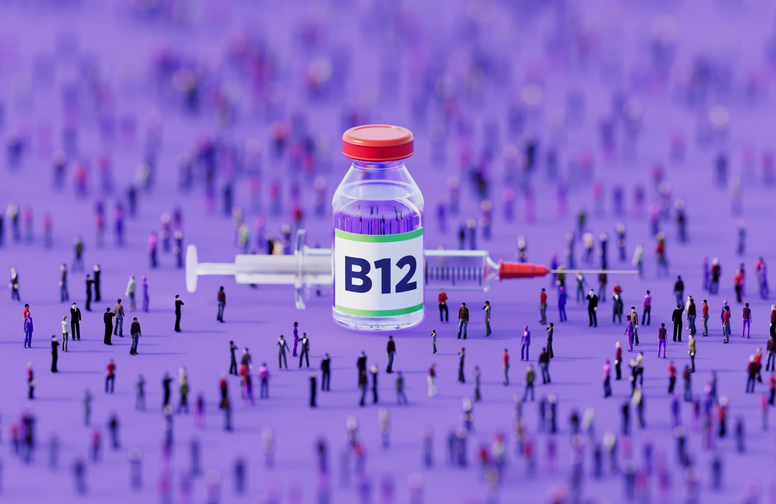 A B12 vaccine vial with a syringe surrounded by miniature people.