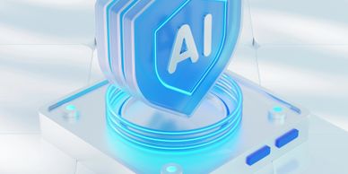 Futuristic AI shield icon glowing with blue light on a sleek platform.
