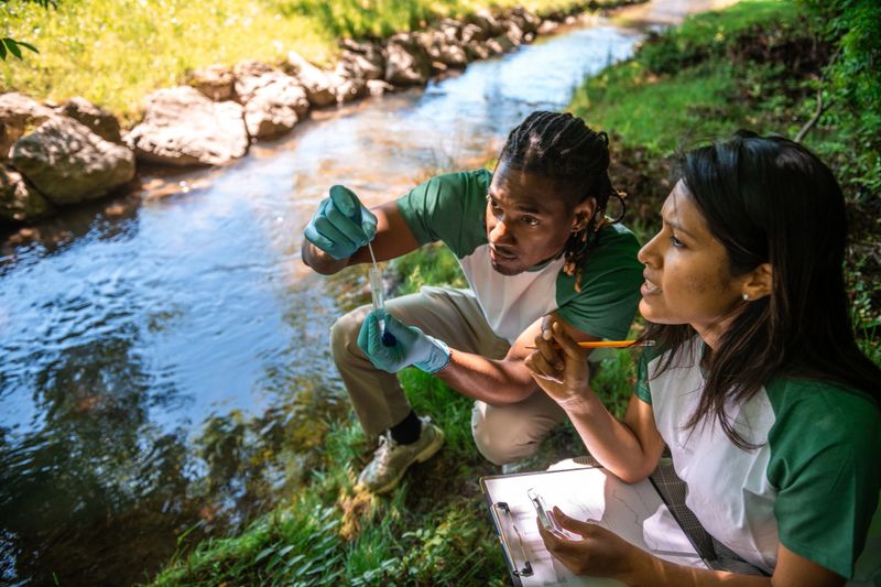A Black male and a Hispanic female environmental scientist engage in water analysis by a stream, equipped with testing tools and taking notes.