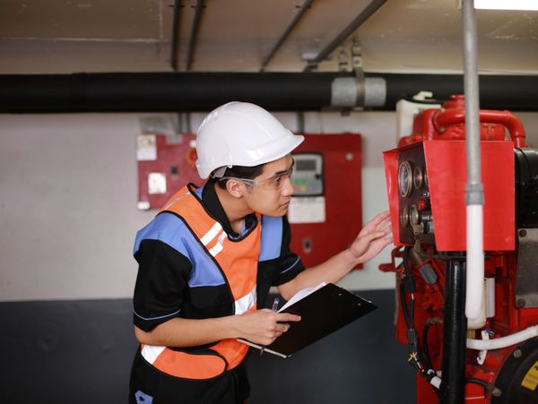 Technician inspecting a red industrial machine with clipboard in hand.