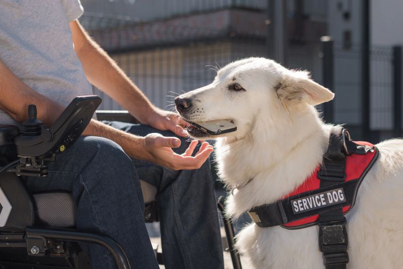 Assistance dog providing help to man with disability, retrieving dropped mobile phone. Mobility support service concept.