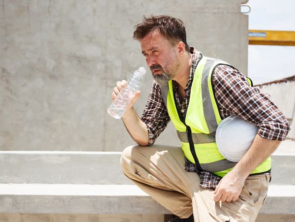 image shows man in construction vest holding bottle of water