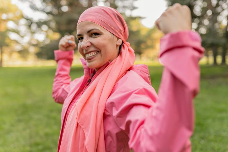 Middle aged woman dressed in pink showing strength and smiling in a park. Fight against breast cancer.