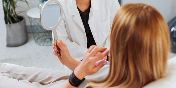 Woman examining her face in a handheld mirror with a dermatologist.