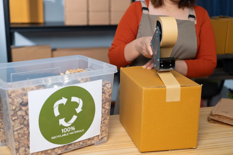 A woman using kraft paper tape to seal a cardboard box in a home-based business, highlighting eco-friendly packaging and sustainable practices in small business operations