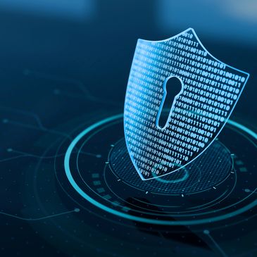 Digital shield with binary code symbolizing cybersecurity protection.